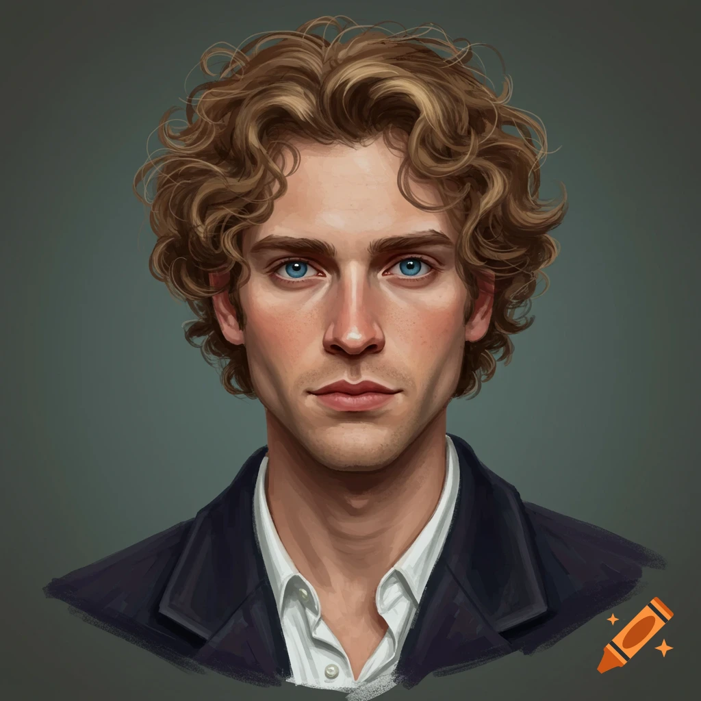 Portrait of a young man with curly brown hair and blue eyes wearing a jacket and shirt.