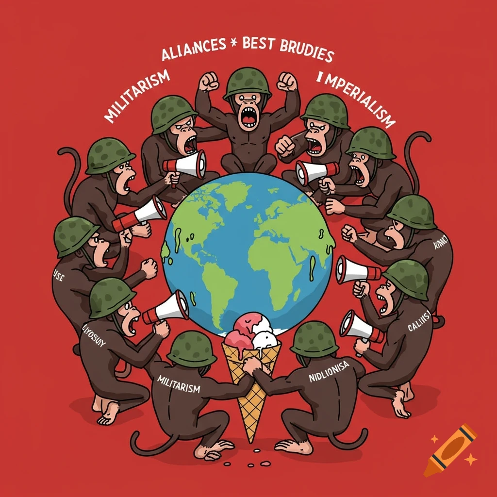 Cartoon monkeys in army helmets shout with megaphones around a globe and giant ice cream cone.