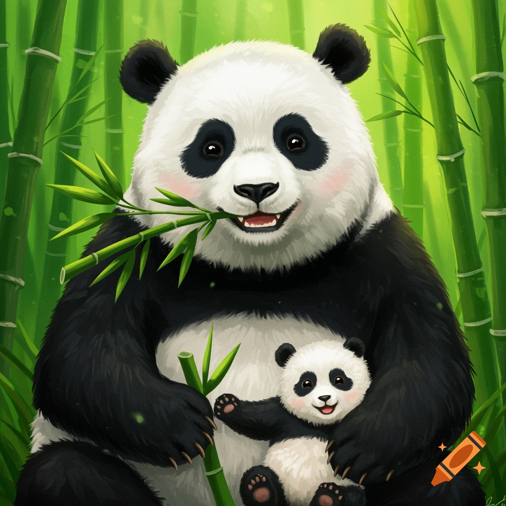 Whimsical image of a mother panda eating bamboo with a baby panda nestled beside her in a bamboo forest.