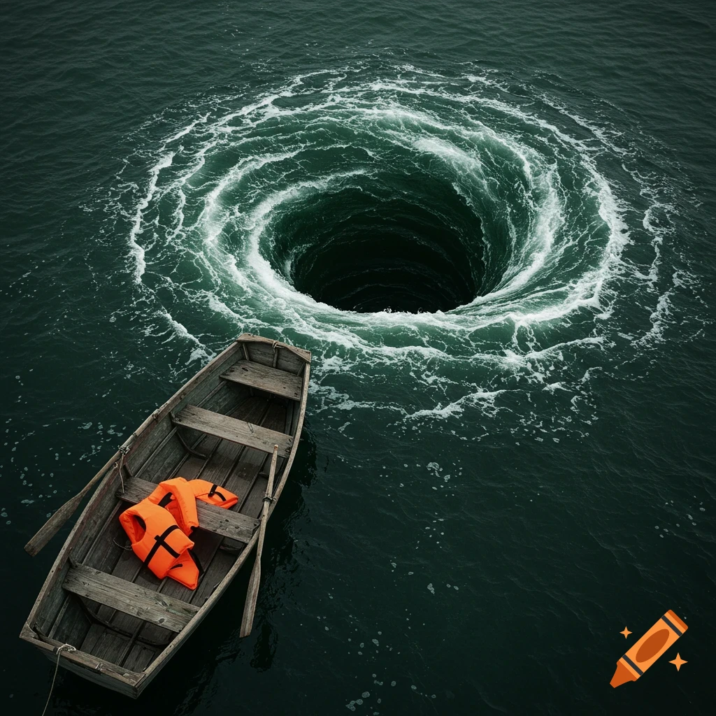 A wooden rowboat with orange life jackets and oars floats next to a large, dark whirlpool in the water. Photorealistic style.