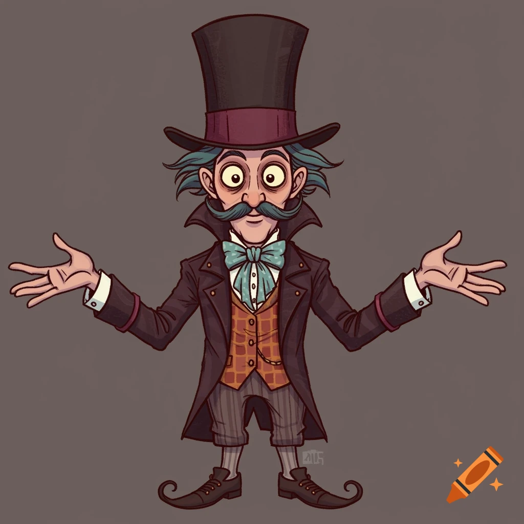 Whimsical illustration of a man with a top hat, mustache, and blue bow tie.