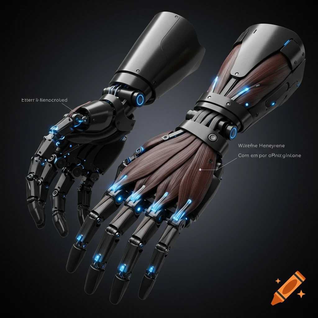 Two futuristic robotic arms with exposed synthetic muscle, black matte titanium frames, and pulsing blue micro-LEDs.