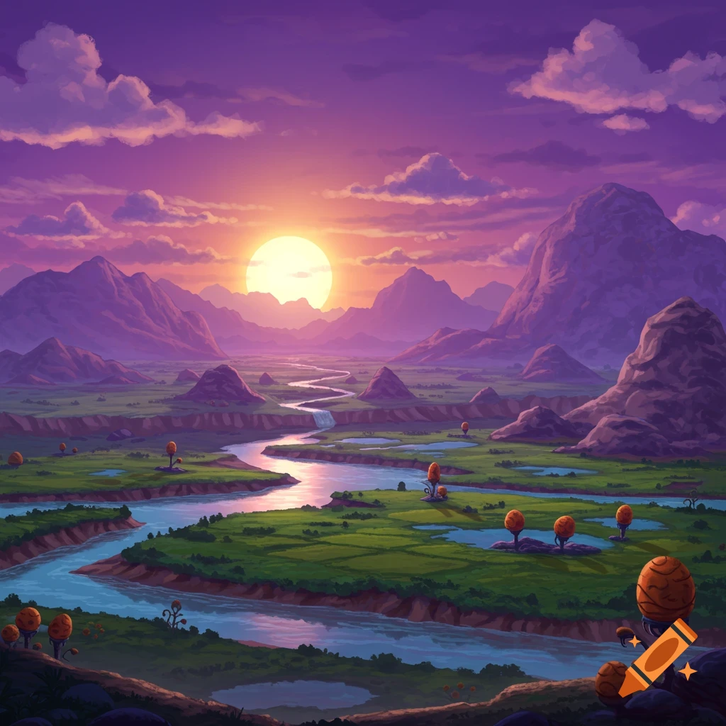 A vibrant alien landscape with a river, mountains, strange orange plants, and a large sun under a purple sky at sunset.