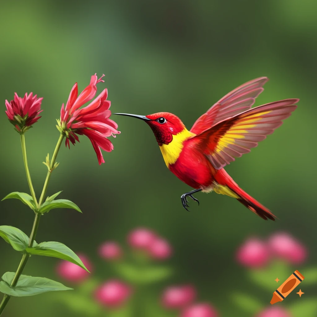 A red and yellow hummingbird sips nectar from a red flower.