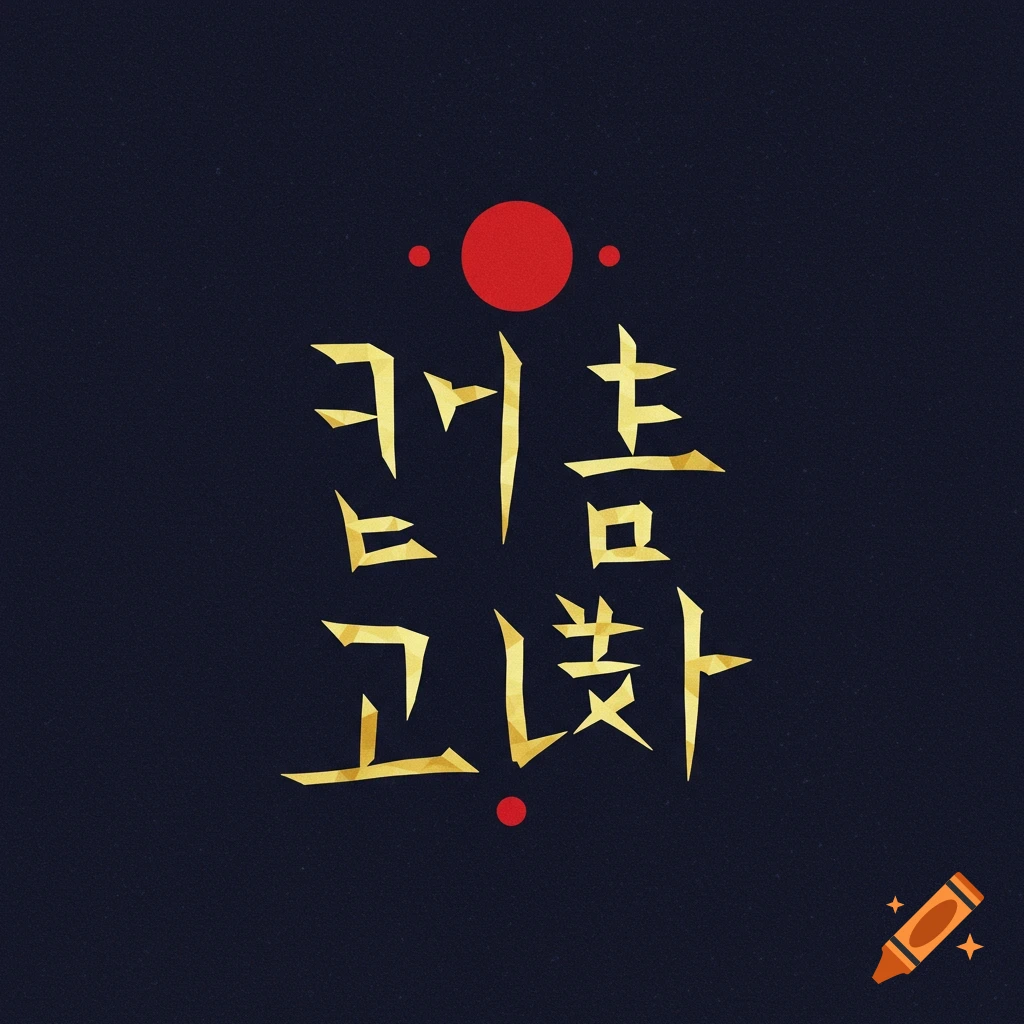 Golden geometric characters on a dark background with red dots.