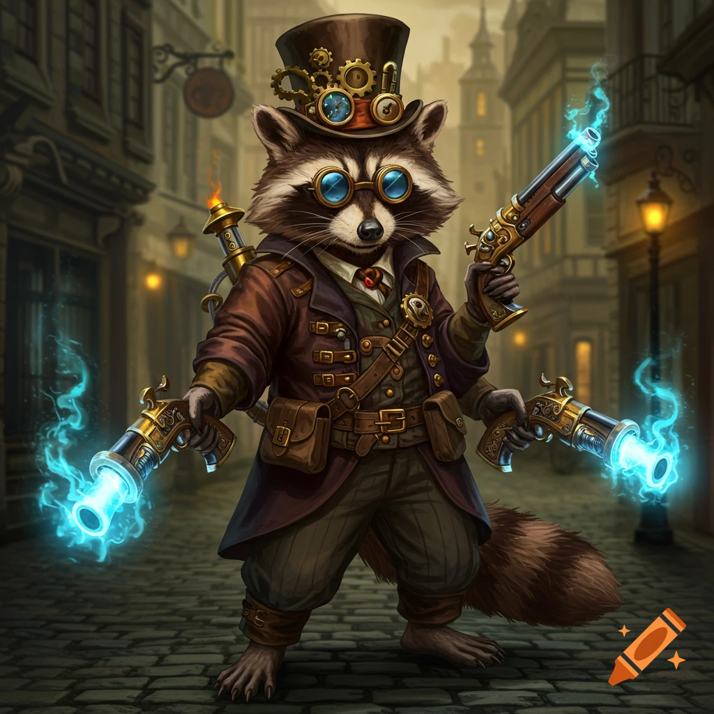 Steampunk raccoon with glowing guns stands in a cobbled street