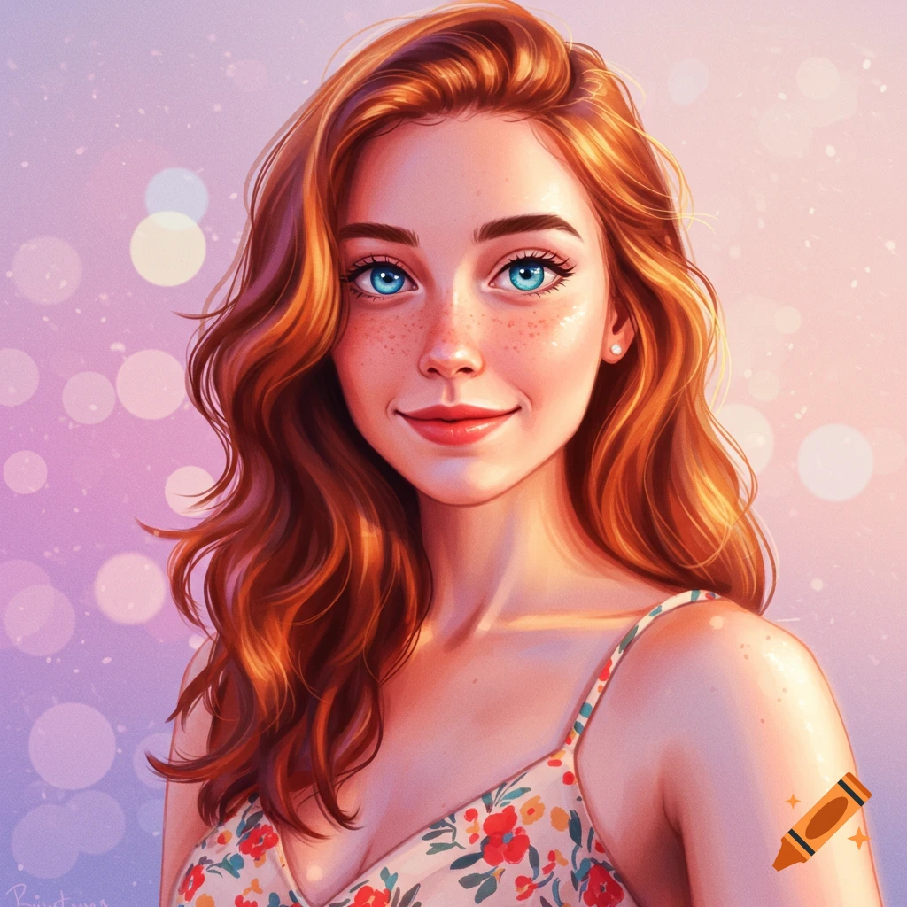 Smiling young woman with red hair and freckles against a bokeh background.