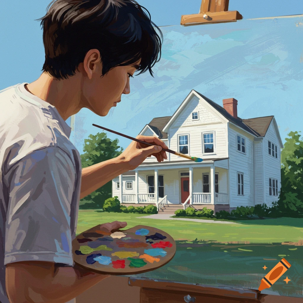 A person paints a white house on an easel.