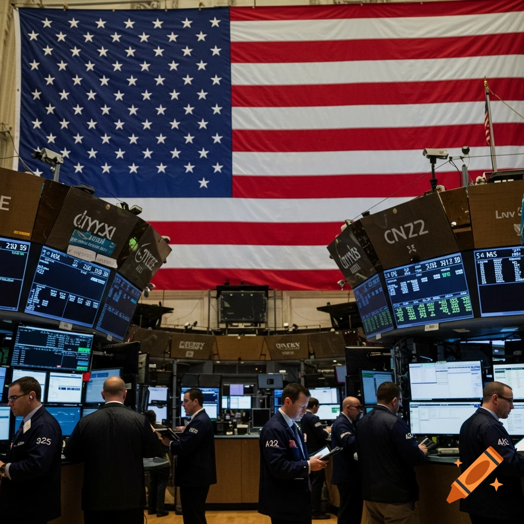 Traders work on a stock market floor with a large American flag hanging in the background.