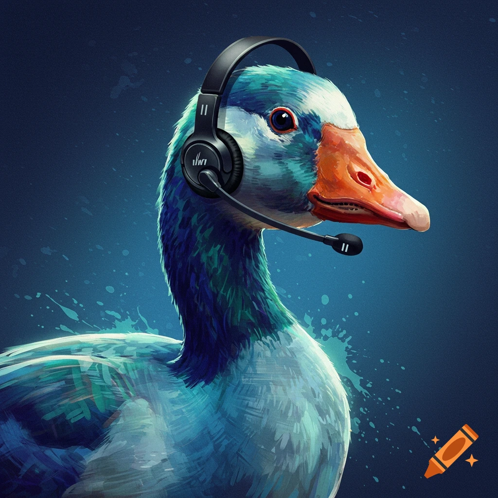 A goose is wearing a black headset with a microphone.