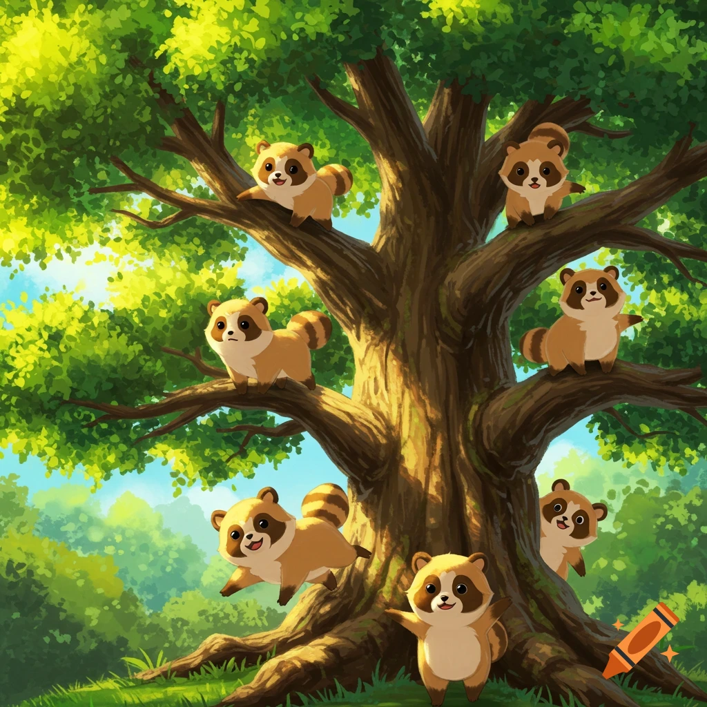 Cute tanukis climbing and sitting in a large tree in a forest.