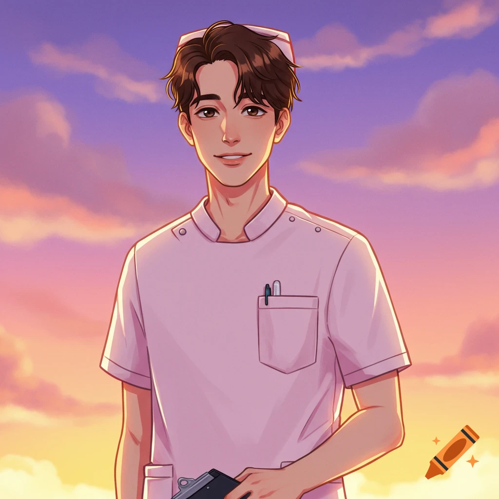 A male nurse in a light pink uniform against a sunset backdrop.