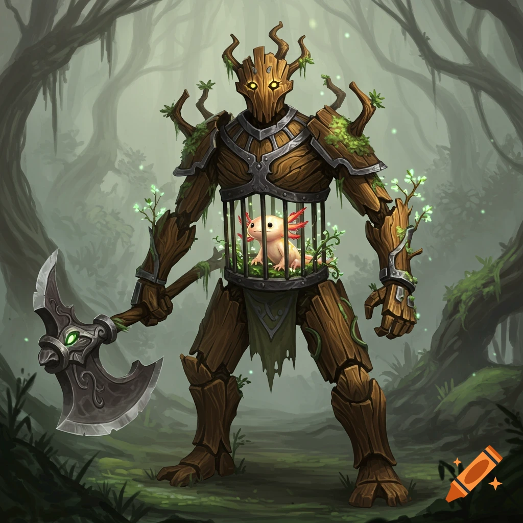 A tree-like warforged character holds an axolotl in a cage in its chest in a fantasy forest.