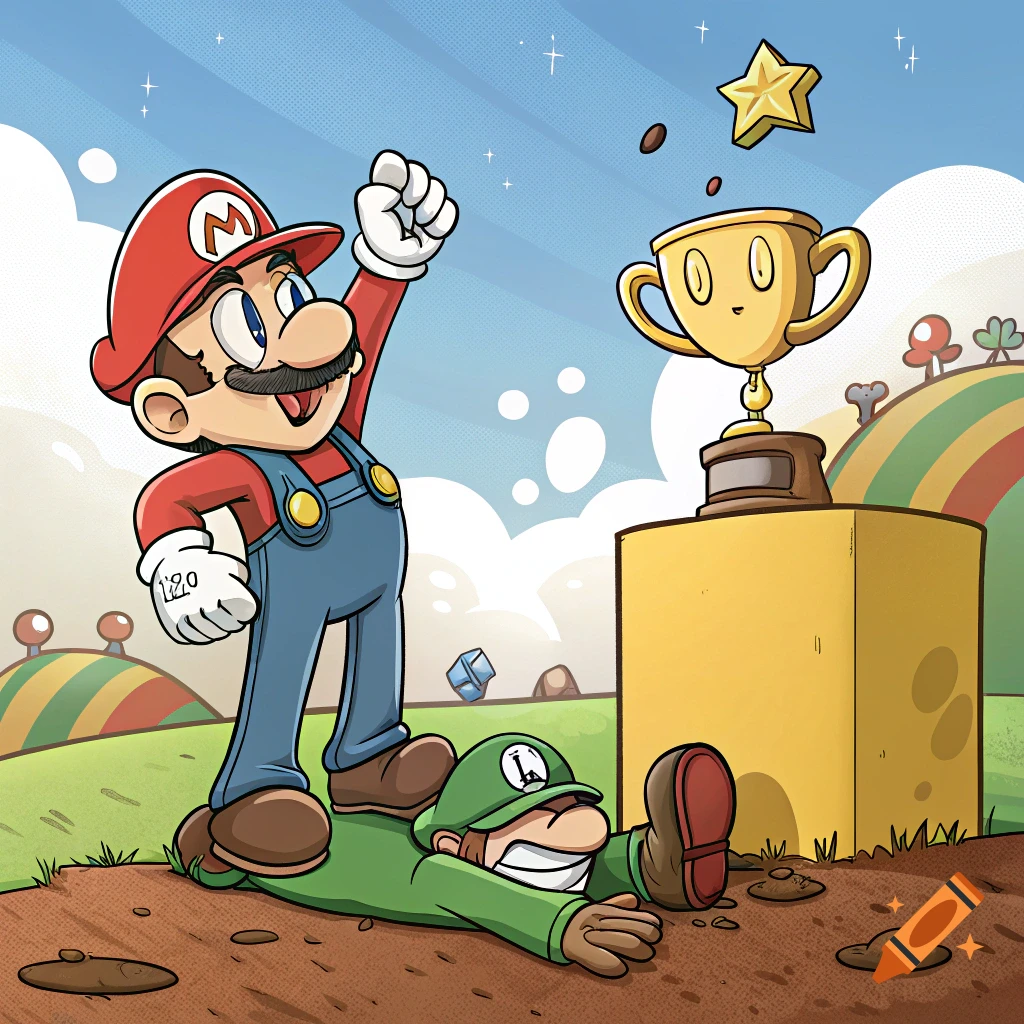 Cartoon of Mario standing over a defeated Luigi next to a trophy in a ...