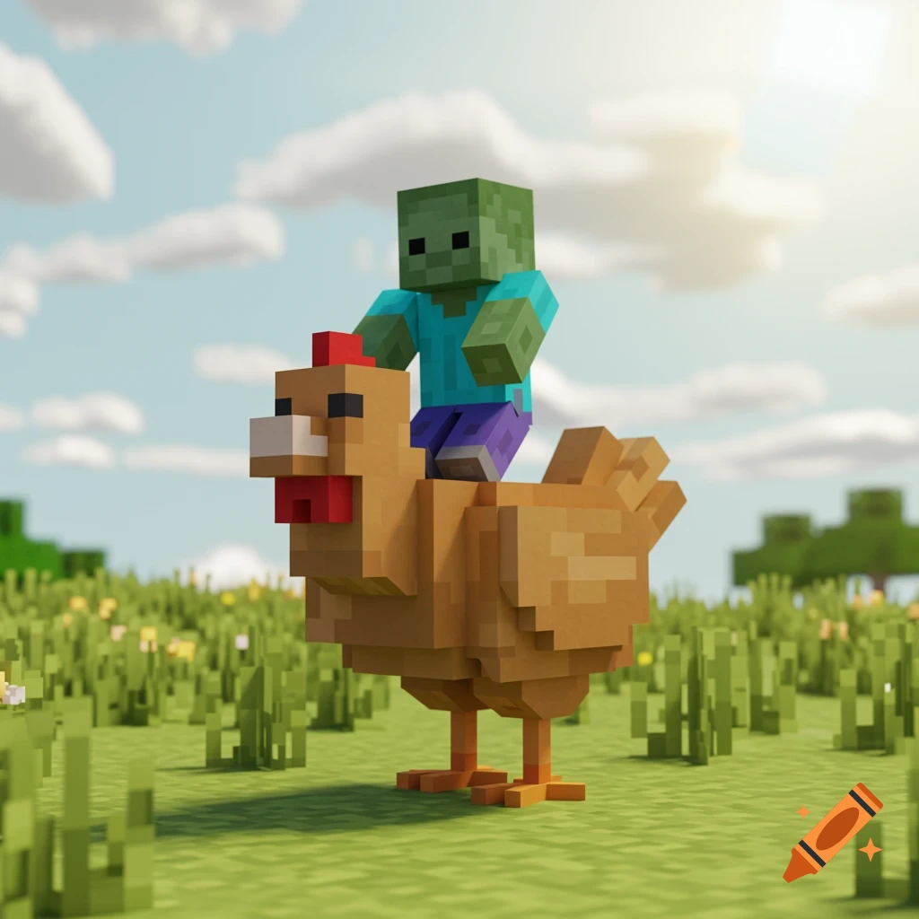 A pixelated Minecraft zombie rides on the back of a blocky brown chicken in a grassy field.