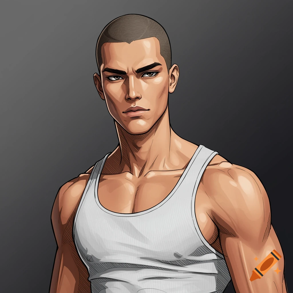 Illustration of a muscular man with a shaved head wearing a white tank top.