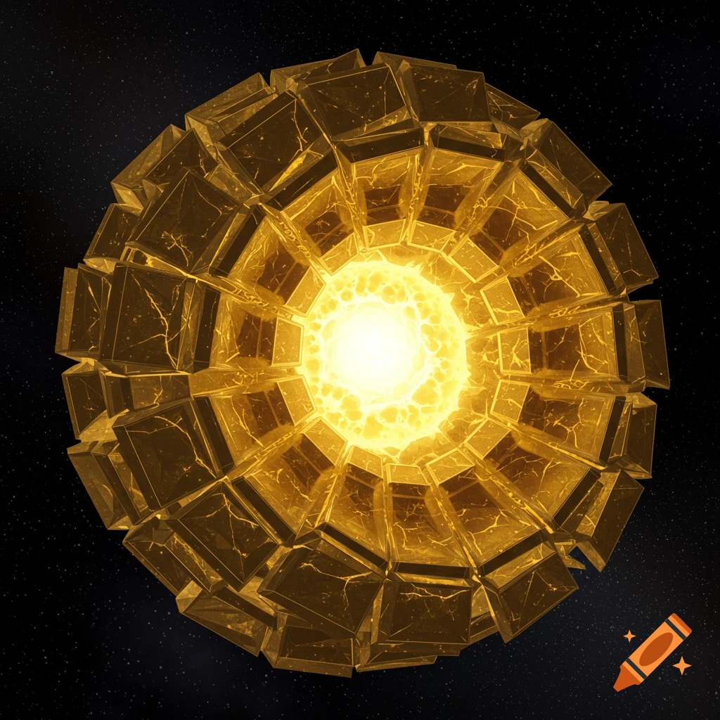 A bright gold geometric sphere with a glowing core floats in space.