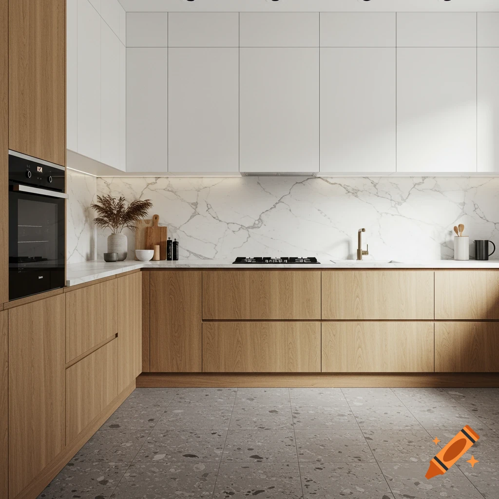 Modern kitchen interior with wood lower cabinets, white upper cabinets, marble backsplash, and terrazzo tile floor.
