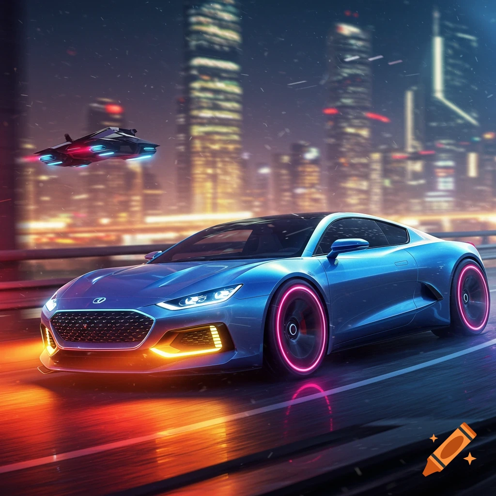 A futuristic blue concept car with glowing wheels driving on a road at night.