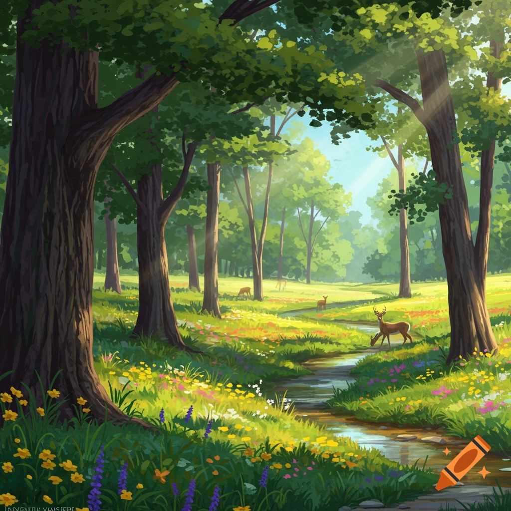 A sunny forest clearing with deer, a stream, and wildflowers.