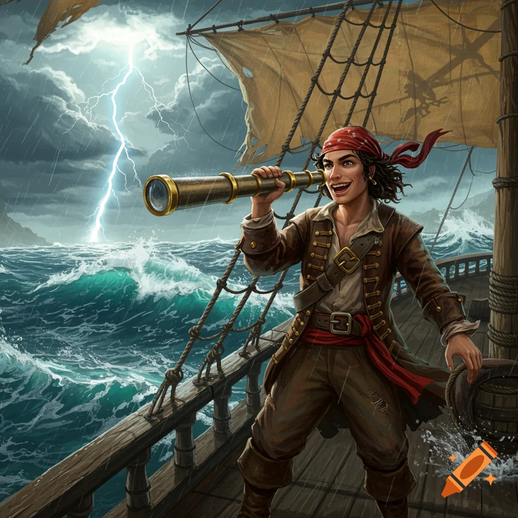 A pirate on a ship in a storm, looking through a telescope.