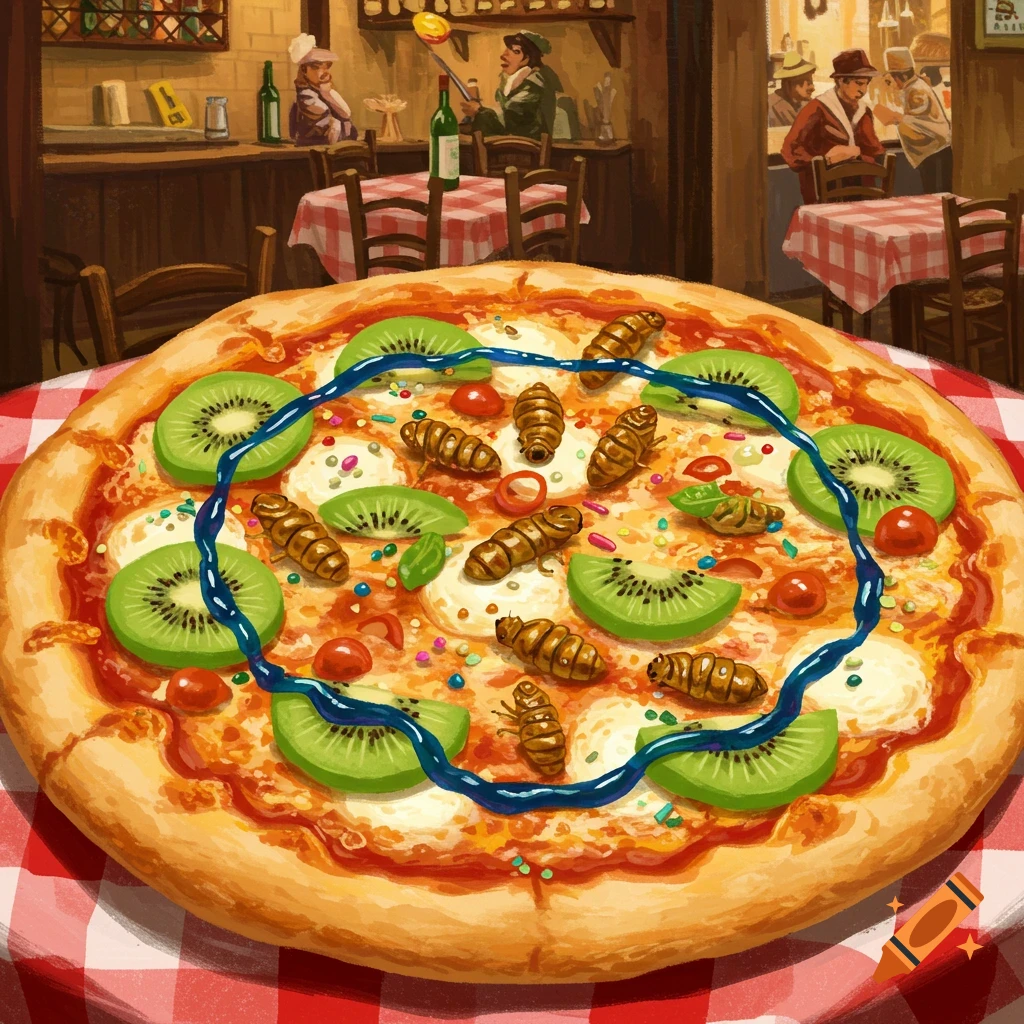 A strange pizza topped with kiwi slices, worms, sprinkles, and blue sauce on a checkered tablecloth.