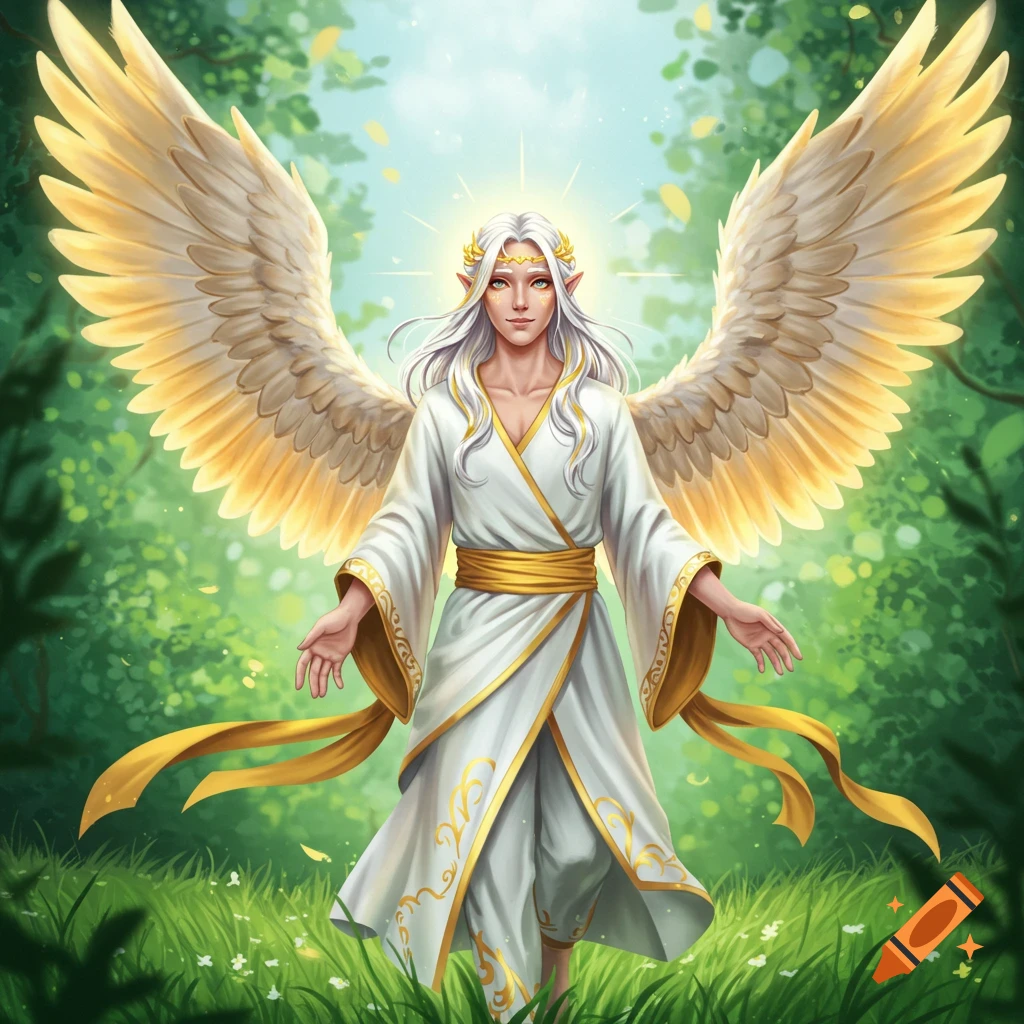 An angelic figure with white hair, golden wings, and a white and gold robe in a forest.