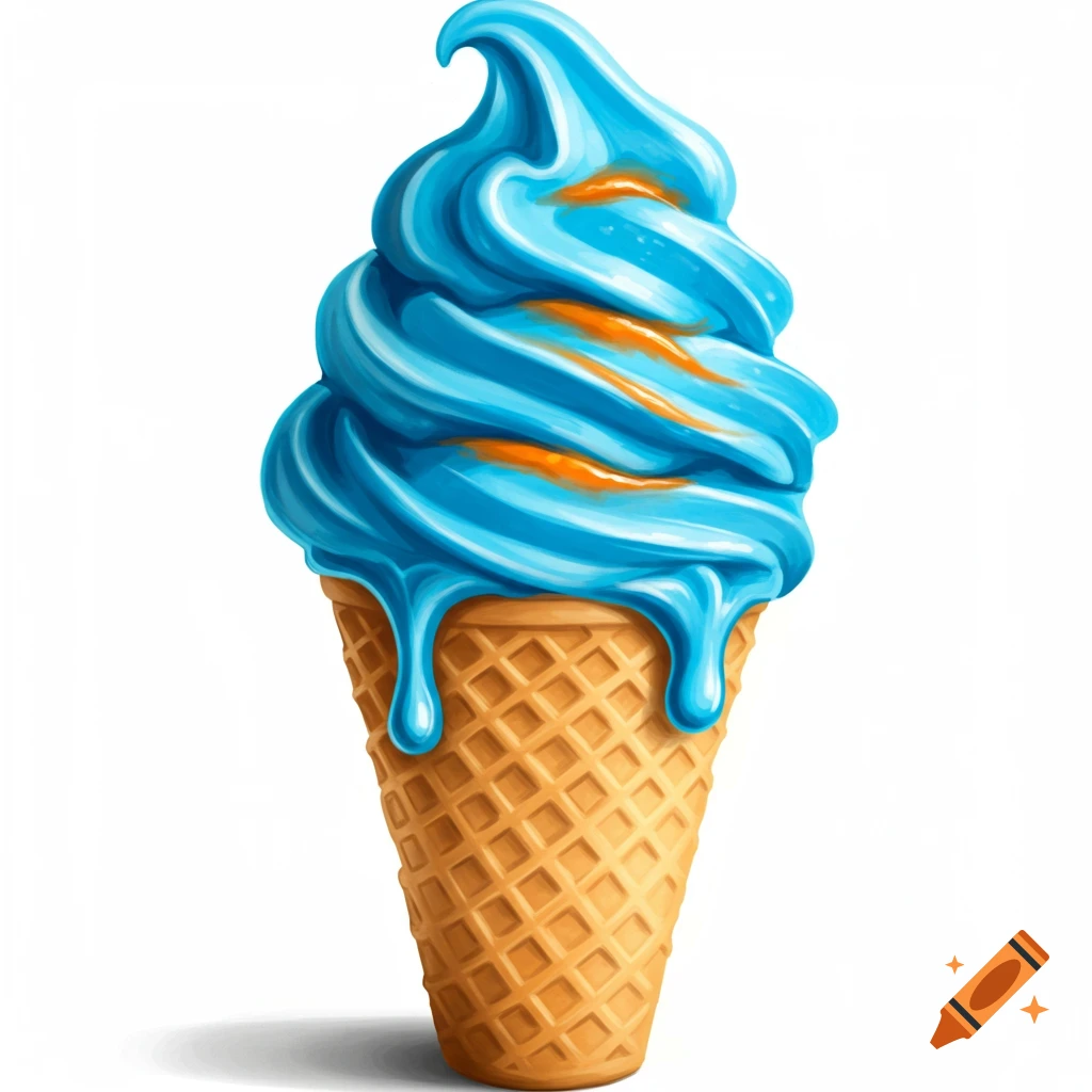 Swirled blue and orange ice cream dripping from a waffle cone.