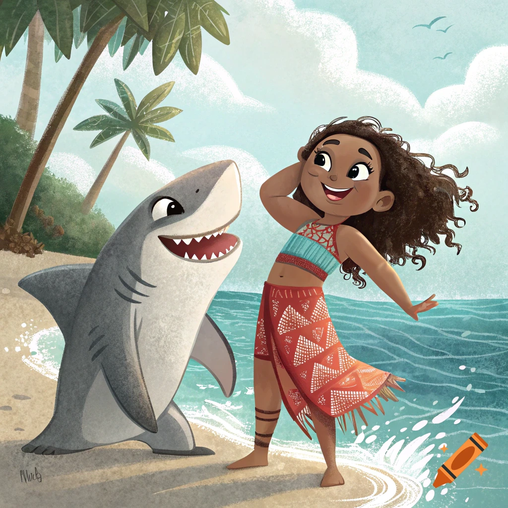Cartoon girl stands on a beach next to a friendly shark with legs.
