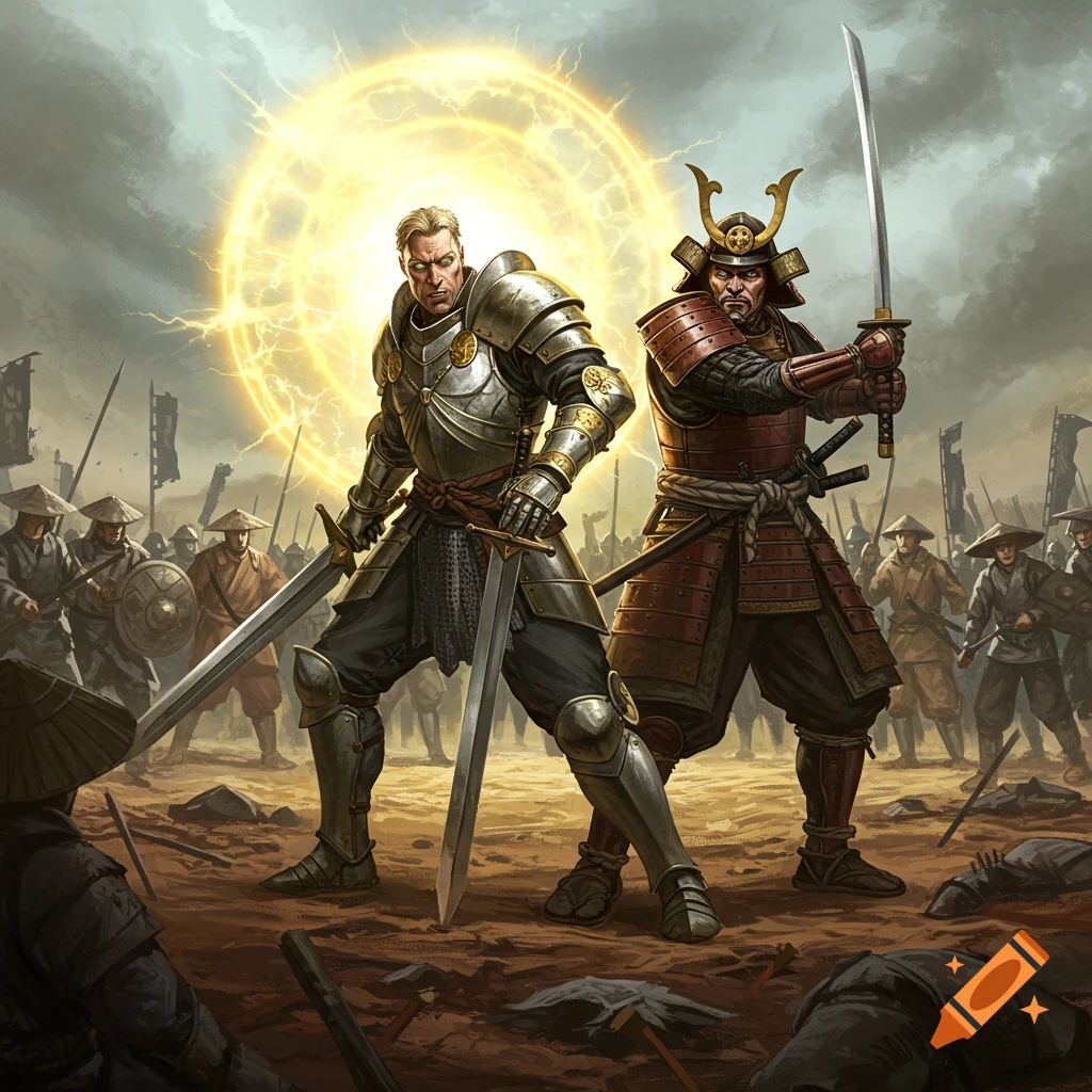 A knight and samurai with glowing power face an army on a battlefield.