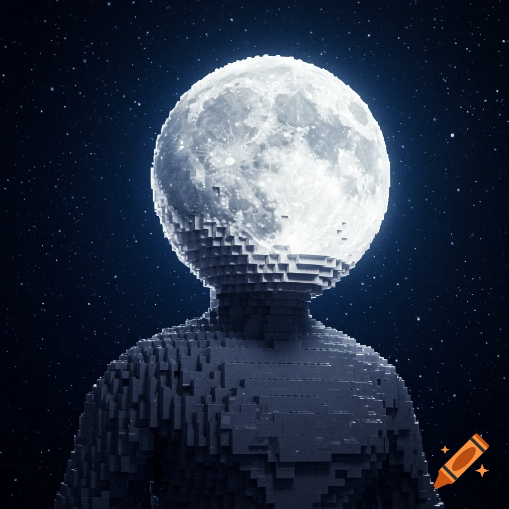 A blocky, pixelated figure with a full moon for a head stands in space with stars.