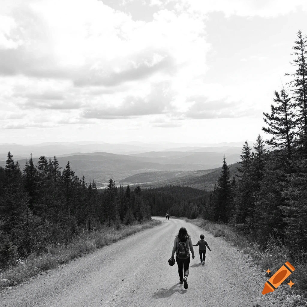 Black and white photo of a woman and child walking up a dirt road towards distant mountains.