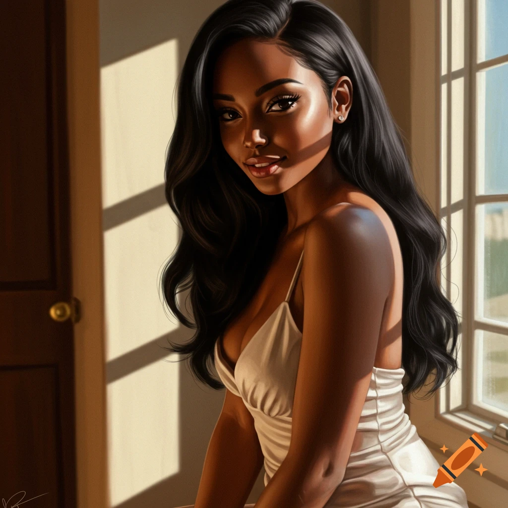 A woman with long dark hair and makeup is sitting by a window in a white dress