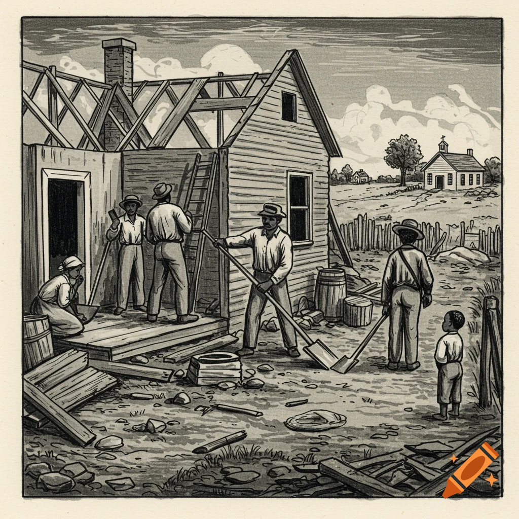 Black and white illustration of people building a wooden house, with a child watching and a church in the background.
