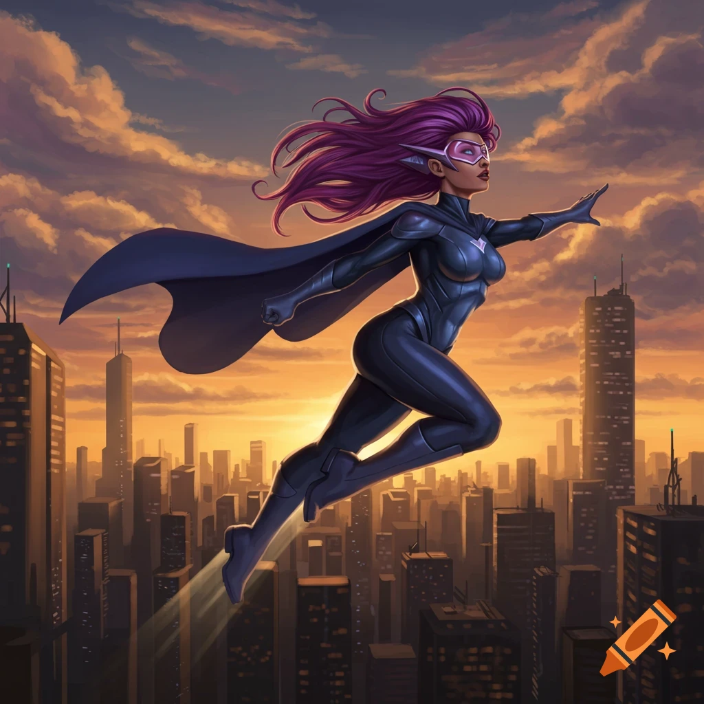 A female superhero flying over a city at sunset.