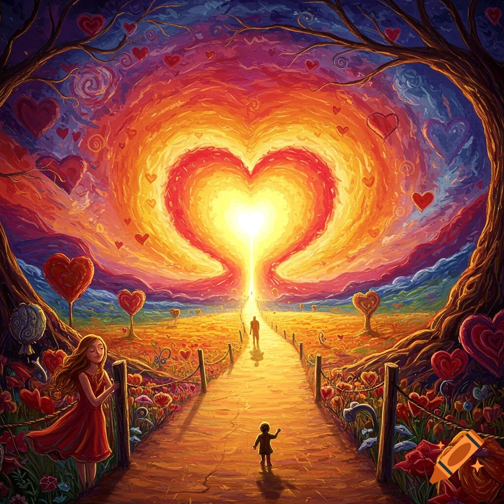 A path leads towards a giant heart in the sky, with figures walking and heart-themed scenery along the way.