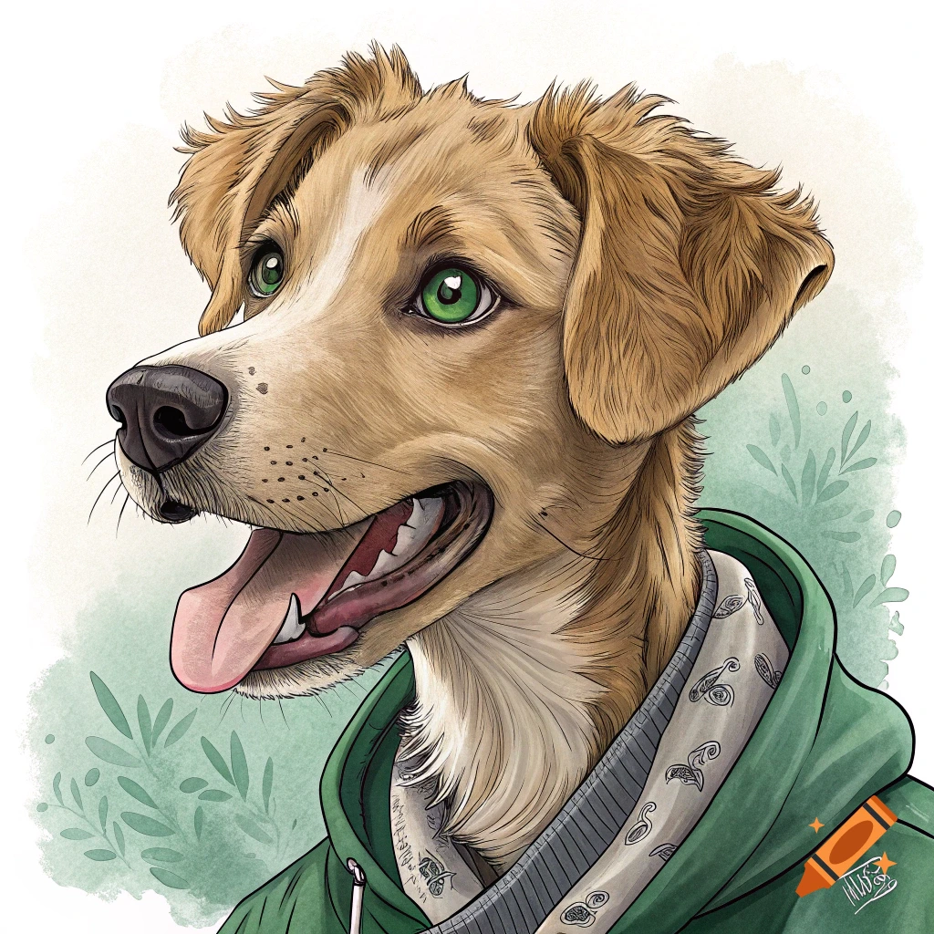 Illustration of a light brown dog with green eyes wearing a green hoodie and patterned scarf.