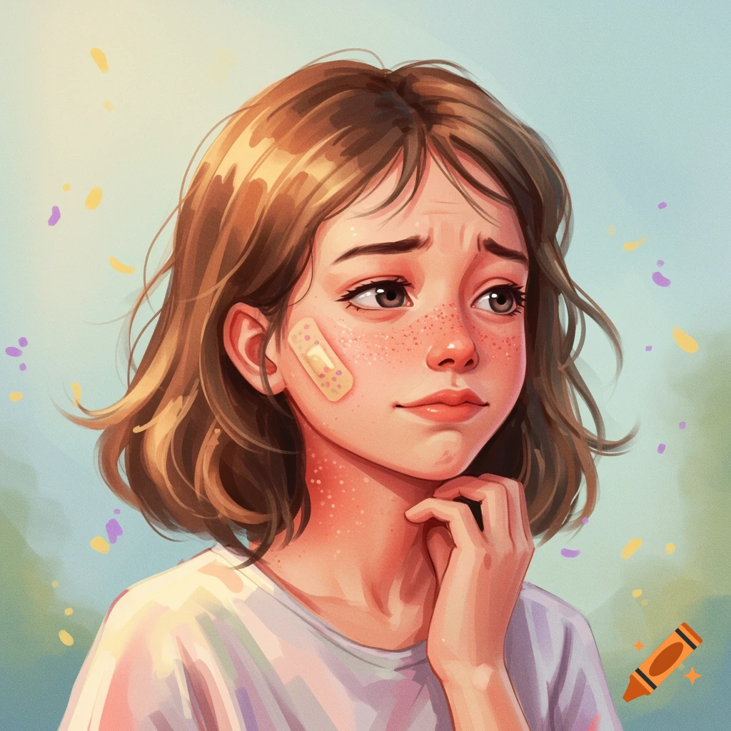 A portrait of a young girl with a bandaid on her cheek and reddened skin on her neck, wearing a pensive expression.