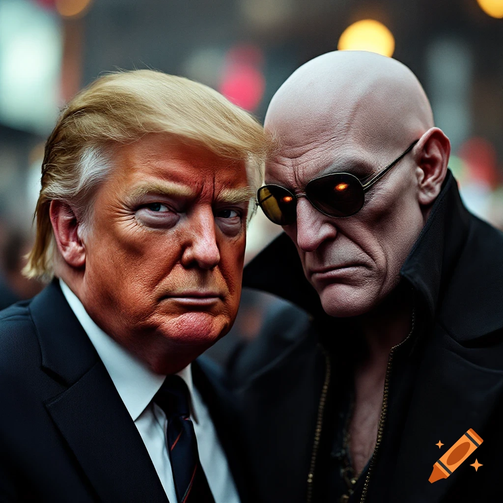 Close up photorealistic portrait of two figures resembling Donald Trump and Hugo Strange