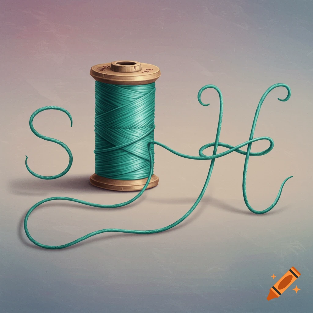 A spool of teal thread unwinding to form the letters S and H.