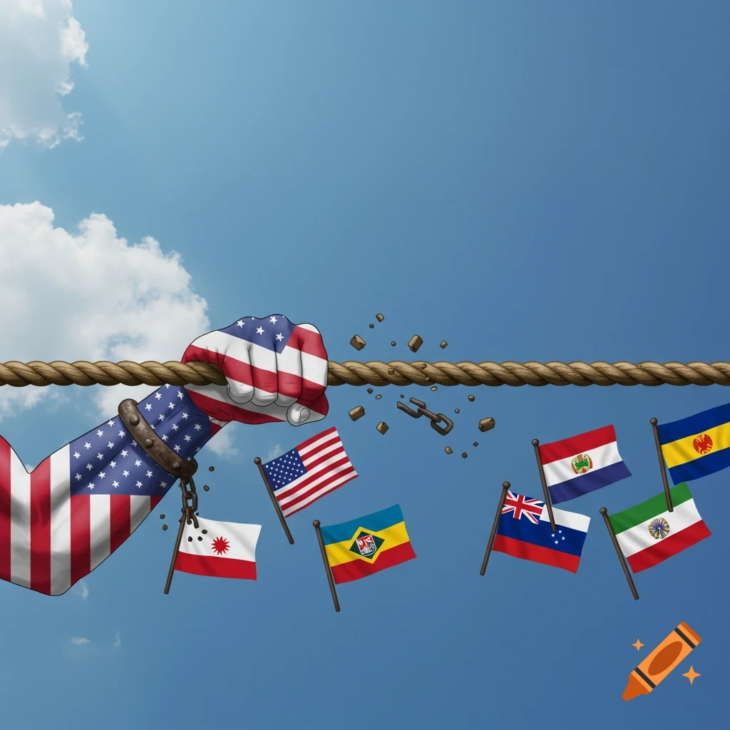 Symbolic illustration of a US-flagged arm breaking chains attached to flags on a rope.