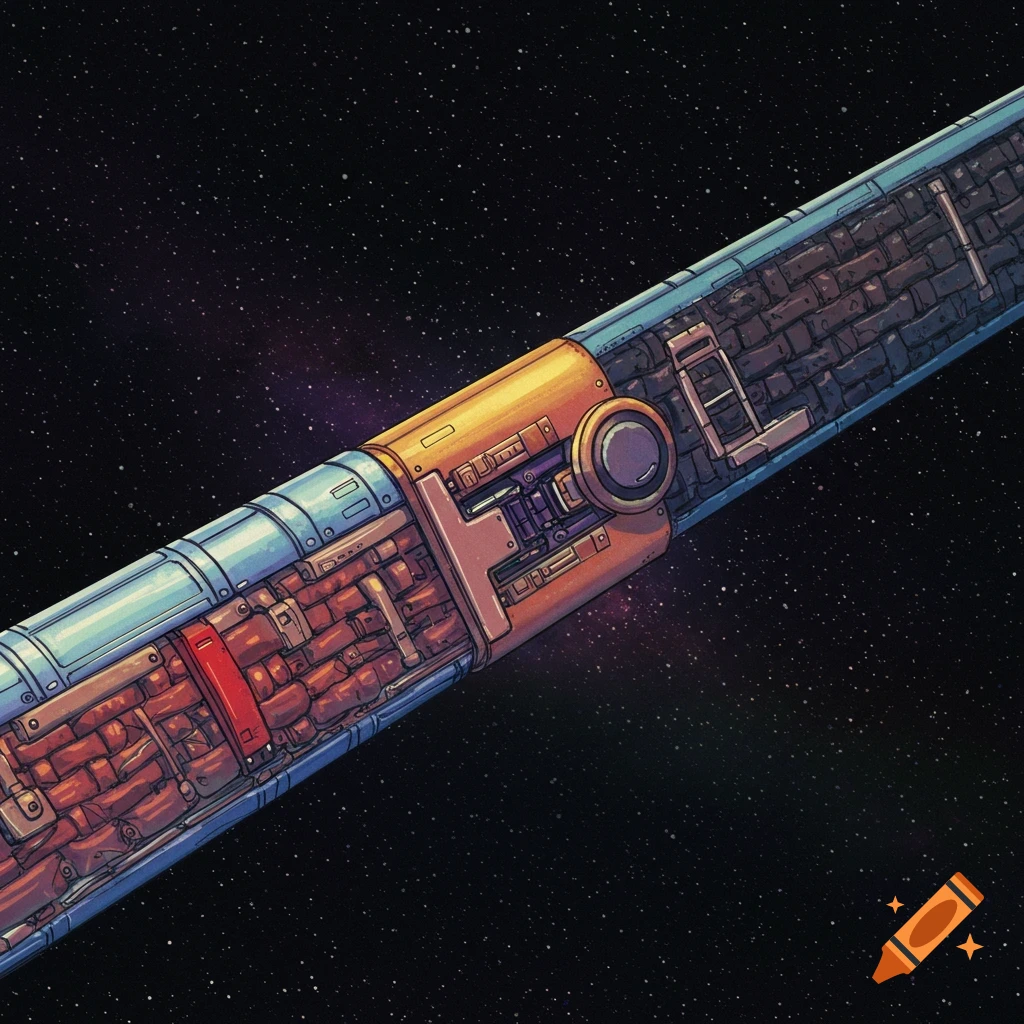 A detailed sci-fi belt structure floats in space with stars.