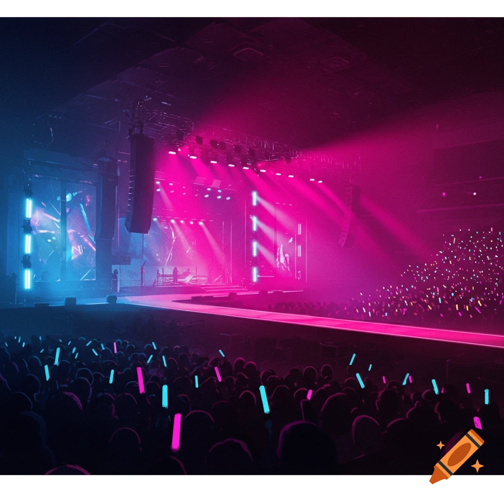 Concert stage bathed in pink and blue light, seen from the crowd with glow sticks.