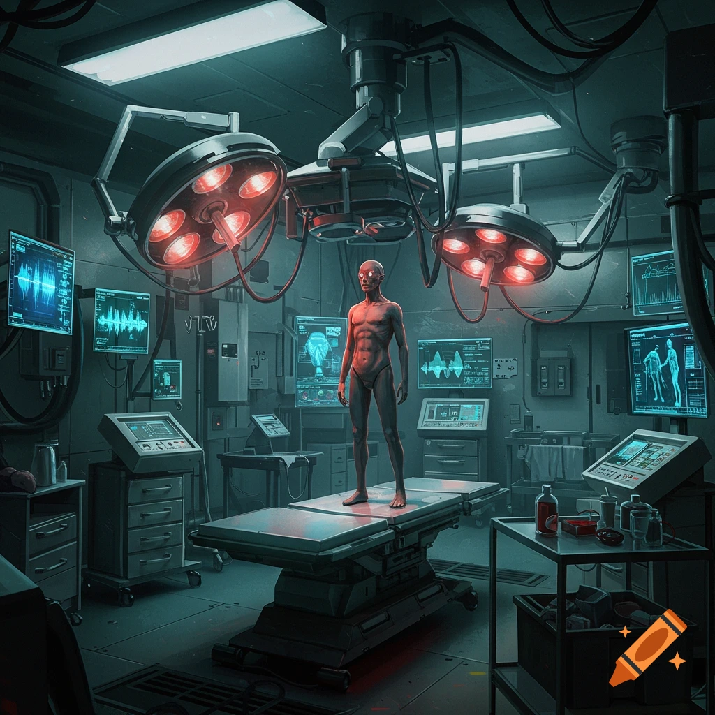 A figure stands on an operating table in a futuristic medical lab.