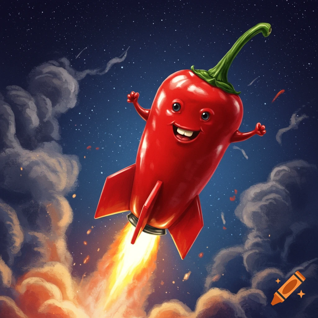Cartoon red chili pepper shaped like a rocket flying through space