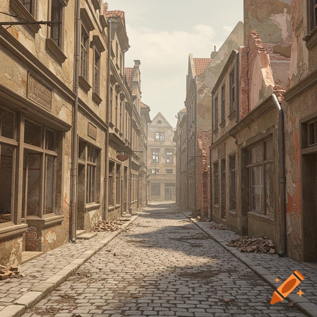 A narrow cobblestone street lined with damaged old buildings