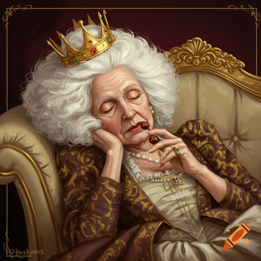 An old queen with a crown is sleeping on a regal sofa, holding bonbons.