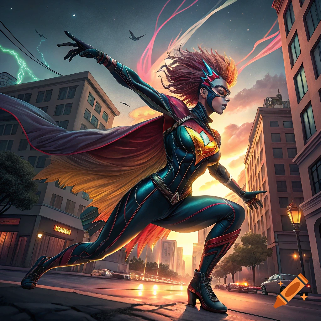A female superheroine poses in a dynamic stance on a city street at sunset.