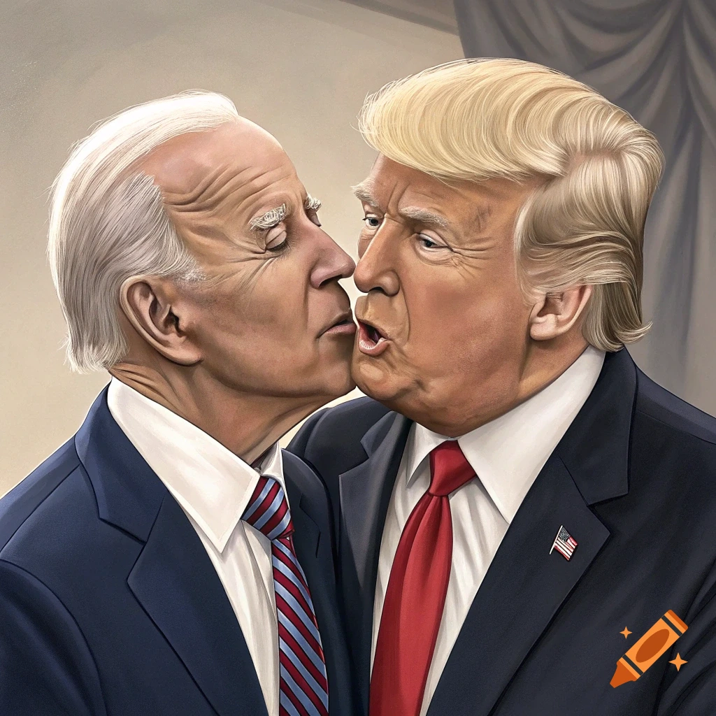 Caricature of Joe Biden leaning towards Donald Trump