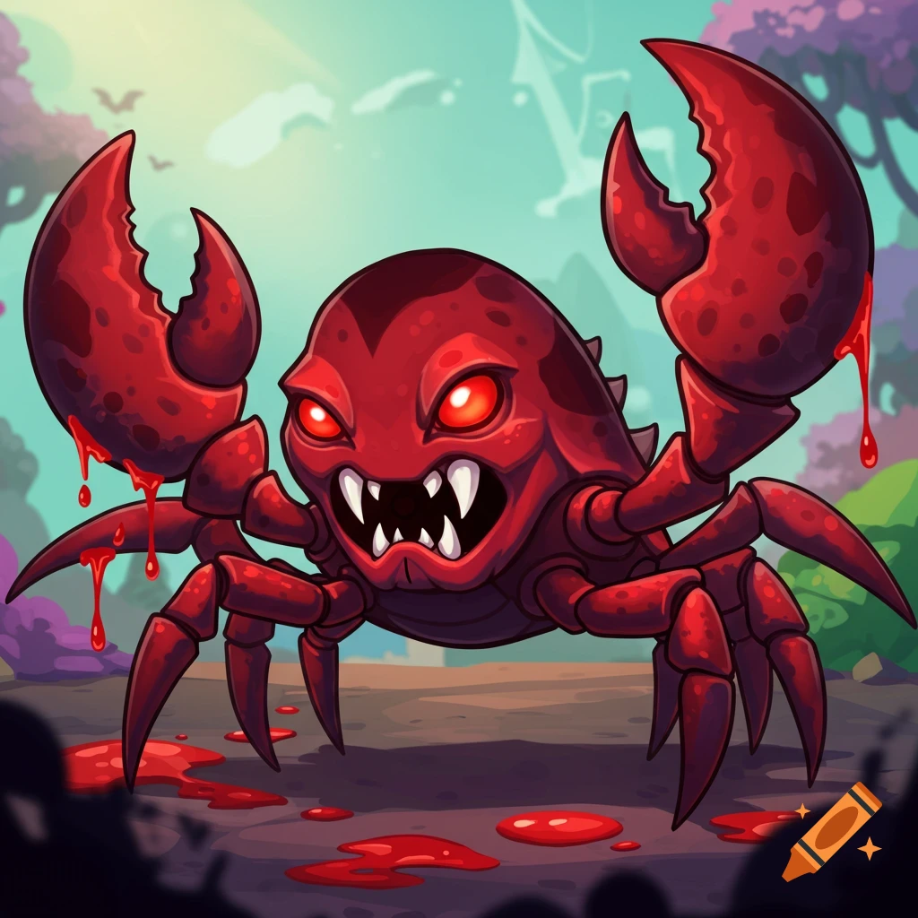 A cartoon red monster crab with glowing eyes, sharp teeth, and bloody claws stands in a forest.